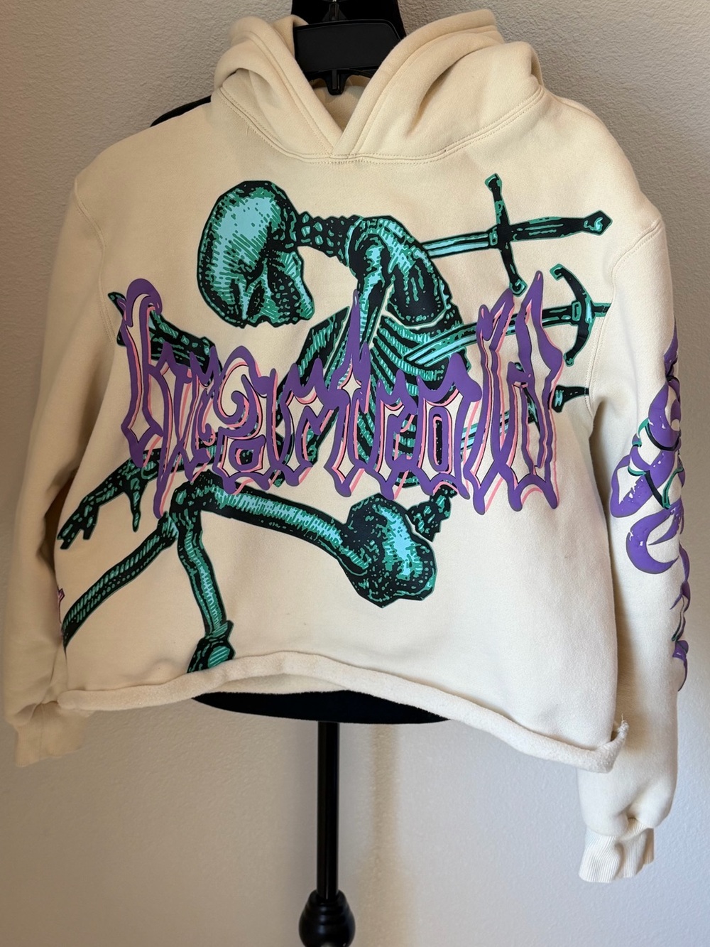 Skull Crusher Heart Cold Beige Sweater with Teal Skeleton and Purple Script M